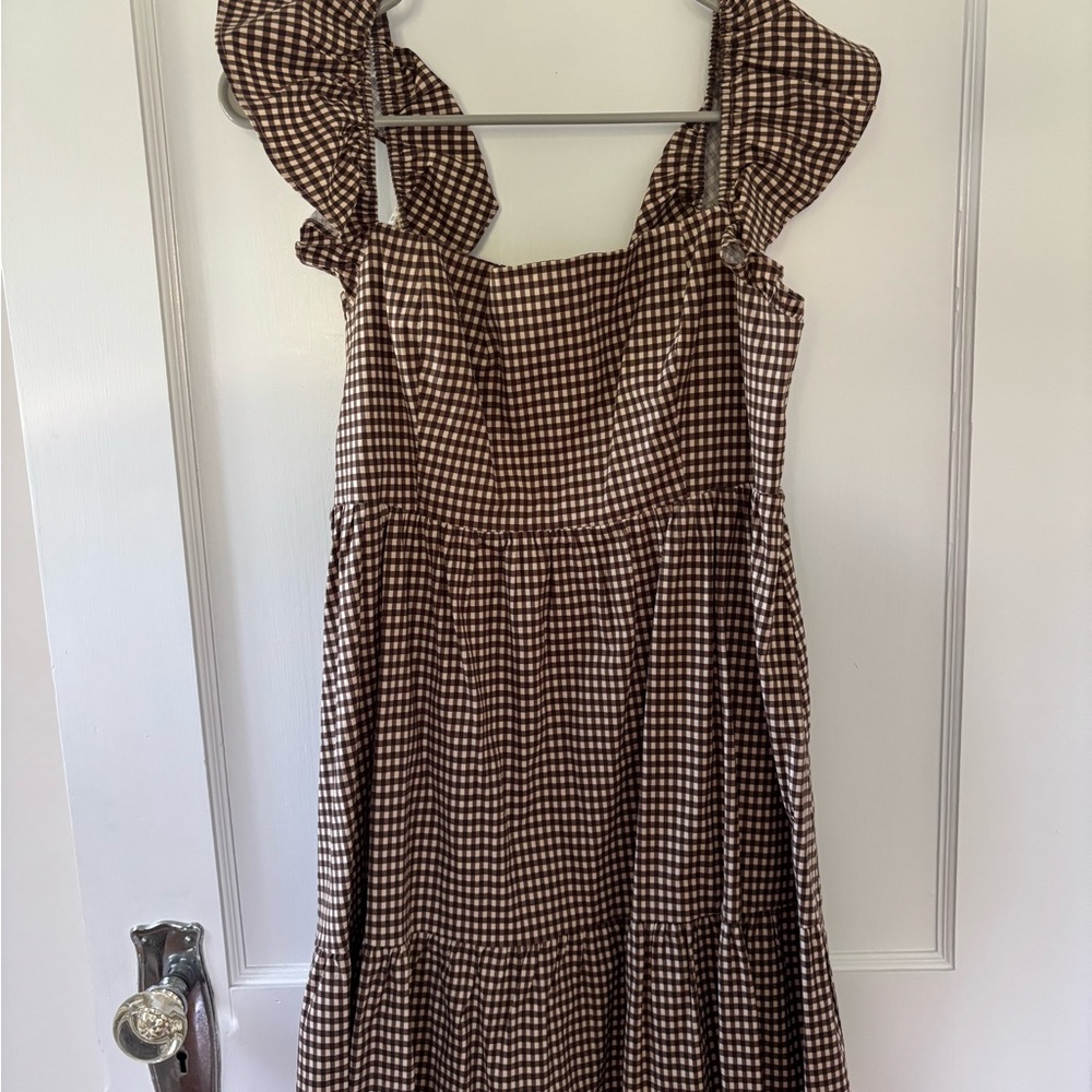 Reformation Brown Gingham Dress with Ruffle Straps